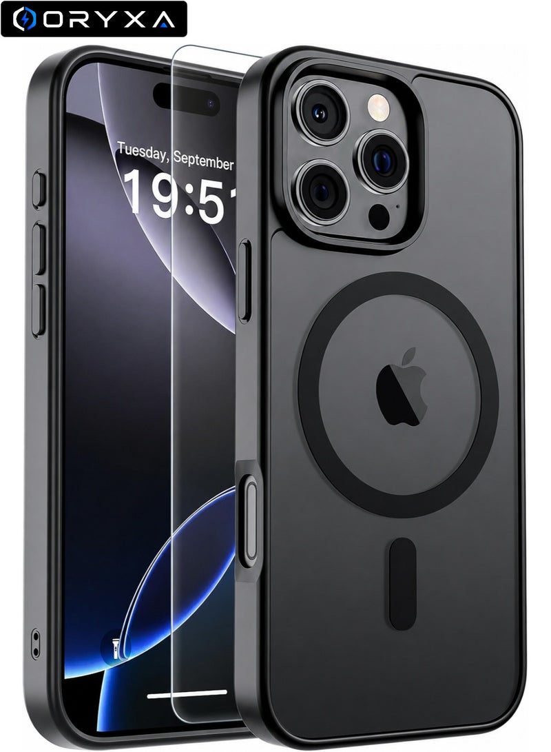 ORYXA iPhone 16 Pro Case, 2 IN 1 Magnetic Phone Cover + Screen Protector, For iPhone 16 Pro, Compatible with MagSafe, Translucent Matte Shockproof Cover, Slim Full Protection, Black - Image 1