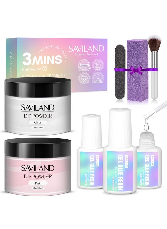 Saviland 60G Nail Repair Kit For Broken Damaged Nails 3 Mins Air Dry Quick & Easy Instant Broken Nail Repair Natural Clear & Pink Dip Powder With 21Ml Nail Repair Glue Emergency Home & Salon Use  - Image 1