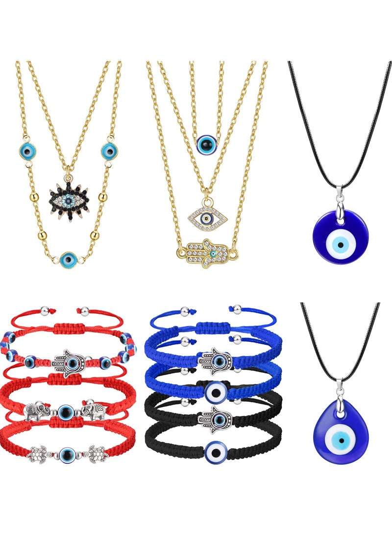 Evil Eye Jewelry Set: 14pcs Evil Eye Necklace Pendant & Leather Rope Bracelet for Men and Women, Spiritual Choker and Lucky Knot Bracelet, Perfect Gift for Protection and Style. - Image 1