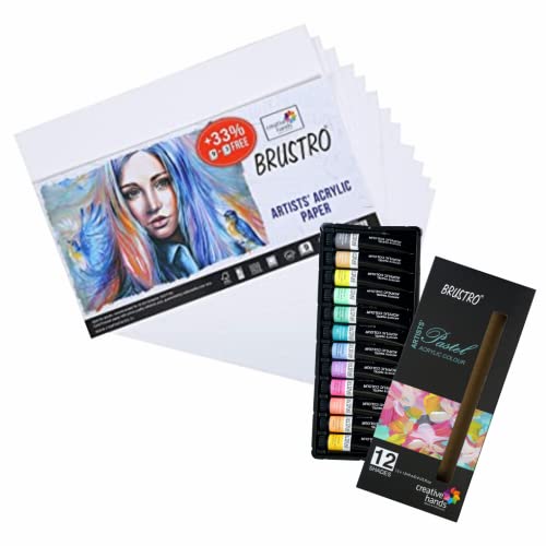 BRUSTRO Artists' Acrylic Color Paint Set of 12 Colors X 12ML Tubes, Pastel Shades, with 3 Medium Grain 100% Cotton Canvas Boards Sizes (8x10, 10x12, 12x12) Inches, Assorted - Image 1