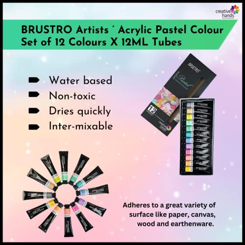 BRUSTRO Artists' Acrylic Color Paint Set of 12 Colors X 12ML Tubes, Pastel Shades, with 3 Medium Grain 100% Cotton Canvas Boards Sizes (8x10, 10x12, 12x12) Inches, Assorted - Image 2