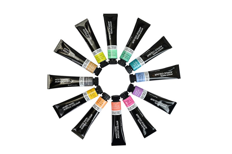 BRUSTRO Artists' Acrylic Color Paint Set of 12 Colors X 12ML Tubes, Pastel Shades, with 3 Medium Grain 100% Cotton Canvas Boards Sizes (8x10, 10x12, 12x12) Inches, Assorted - Image 5