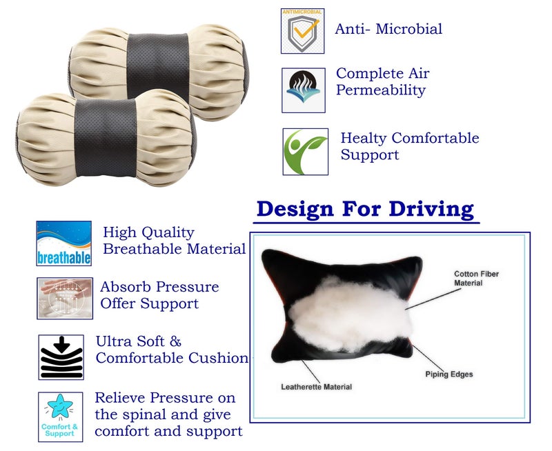 Auto Hub Car Neck Rest Pillow, Car Cushion for All Cars - PU Leather, Pack of 2 (Damro-Black-Beige) - Image 3