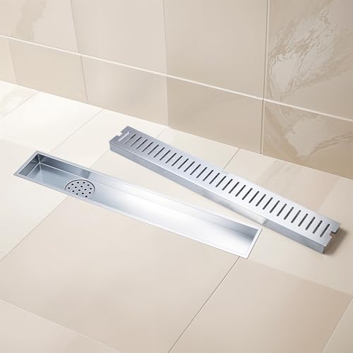 LIPKA Vertical 12 x 4 Inches Floor Drainer | 304 Stainless Steel Vertical Shower Water Drain Channel/Waste Water Floor Drain | with Stainless Steel Cockroach Trap and Side Hole | with Collar - Image 1