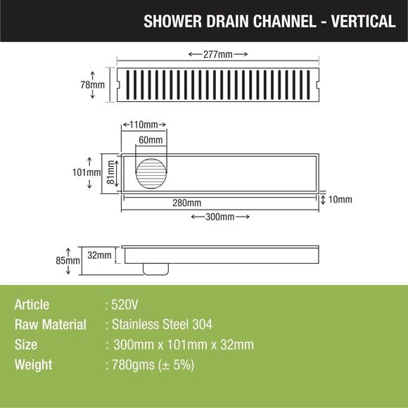 LIPKA Vertical 12 x 4 Inches Floor Drainer | 304 Stainless Steel Vertical Shower Water Drain Channel/Waste Water Floor Drain | with Stainless Steel Cockroach Trap and Side Hole | with Collar - Image 2