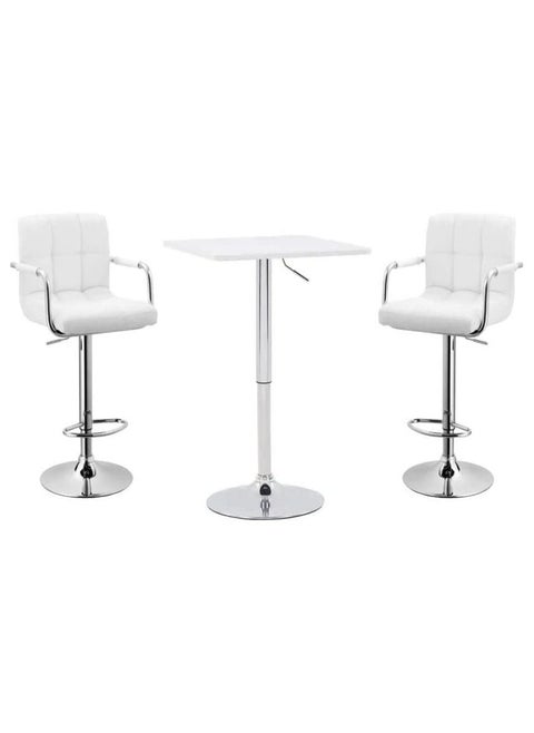 3-Piece Adjustable Square MDF Wood Bar Table Set With 2 Bar Stools For Pub Counter Kitchen Home PU Leather Bar Chairs With Arms Footrest 360°Swivel Perfect For Small Space White