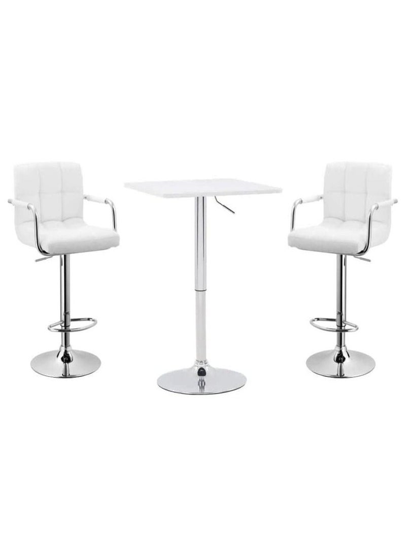 AL WADI FURNITURE - 3-Piece Adjustable Square MDF Wood Bar Table Set With 2 Bar Stools For Pub Counter Kitchen Home PU Leather Bar Chairs With Arms Footrest 360°Swivel Perfect For Small Space White - Image 1