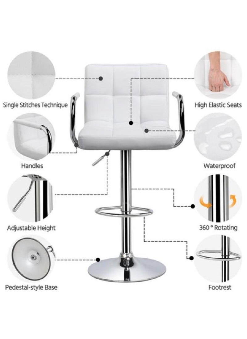 AL WADI FURNITURE - 3-Piece Adjustable Square MDF Wood Bar Table Set With 2 Bar Stools For Pub Counter Kitchen Home PU Leather Bar Chairs With Arms Footrest 360°Swivel Perfect For Small Space White - Image 1