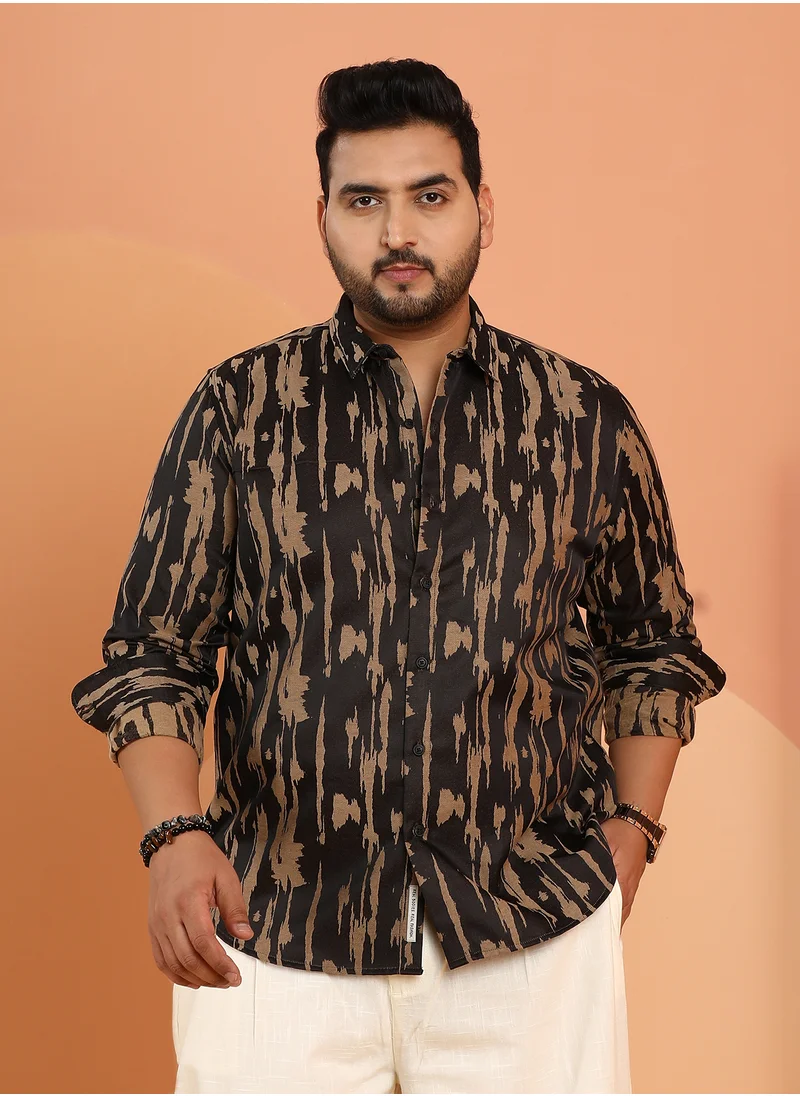 انستافاب بلس Instafab Plus Men's Onyx Black & Camel Brown Abstract-Fluid Shirt For Casual Wear | Spread Collar | Long Cuffed Sleeves | Button Closure | Plus Size Shirt Crafted With Comfort Fit For Everyday Wear