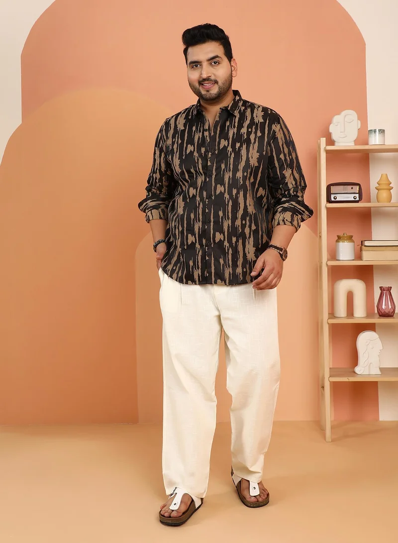 Instafab Plus Instafab Plus Men's Onyx Black & Camel Brown Abstract-Fluid Shirt For Casual Wear | Spread Collar | Long Cuffed Sleeves | Button Closure | Plus Size Shirt Crafted With Comfort Fit For Everyday Wear