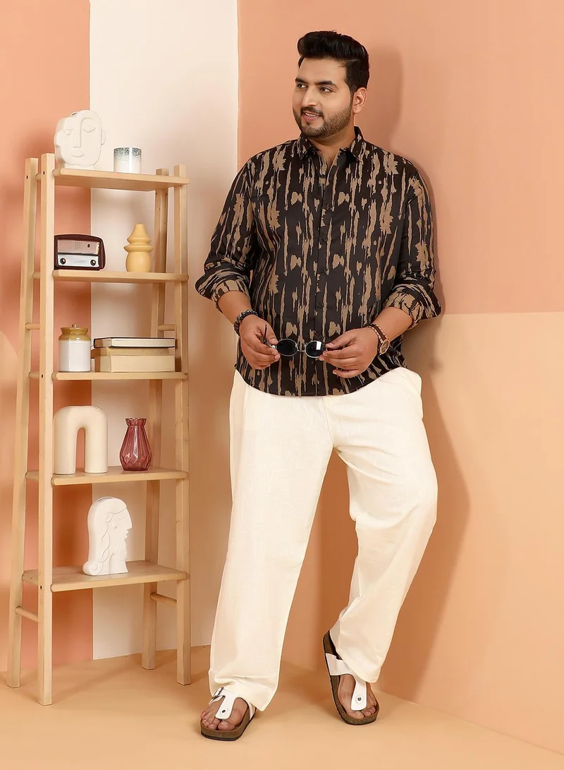 Instafab Plus Instafab Plus Men's Onyx Black & Camel Brown Abstract-Fluid Shirt For Casual Wear | Spread Collar | Long Cuffed Sleeves | Button Closure | Plus Size Shirt Crafted With Comfort Fit For Everyday Wear