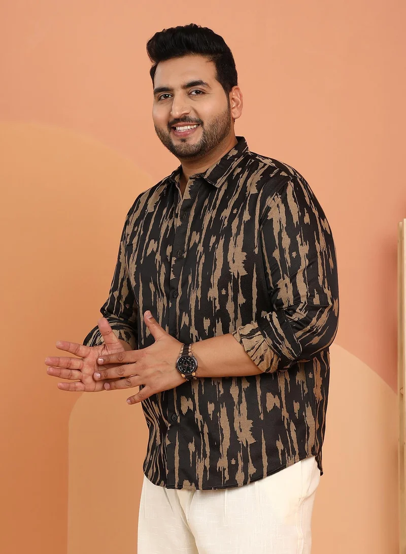 Instafab Plus Instafab Plus Men's Onyx Black & Camel Brown Abstract-Fluid Shirt For Casual Wear | Spread Collar | Long Cuffed Sleeves | Button Closure | Plus Size Shirt Crafted With Comfort Fit For Everyday Wear