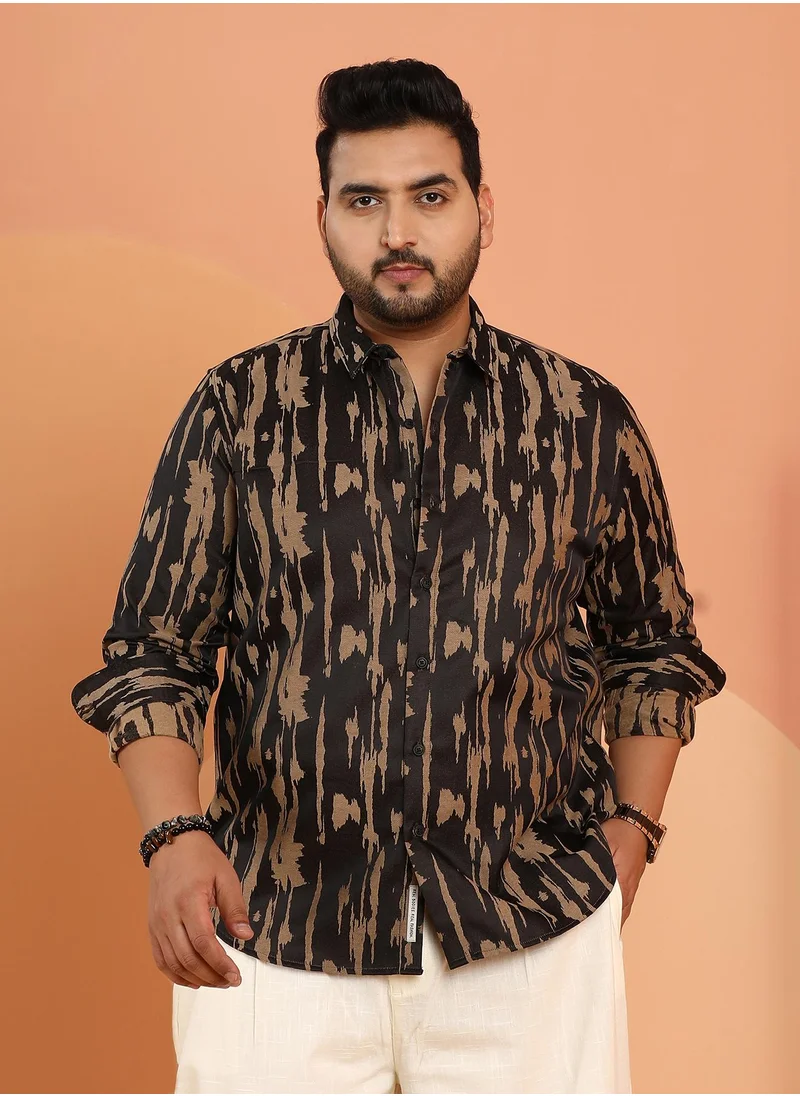 انستافاب بلس Instafab Plus Men's Onyx Black & Camel Brown Abstract-Fluid Shirt For Casual Wear | Spread Collar | Long Cuffed Sleeves | Button Closure | Plus Size Shirt Crafted With Comfort Fit For Everyday Wear