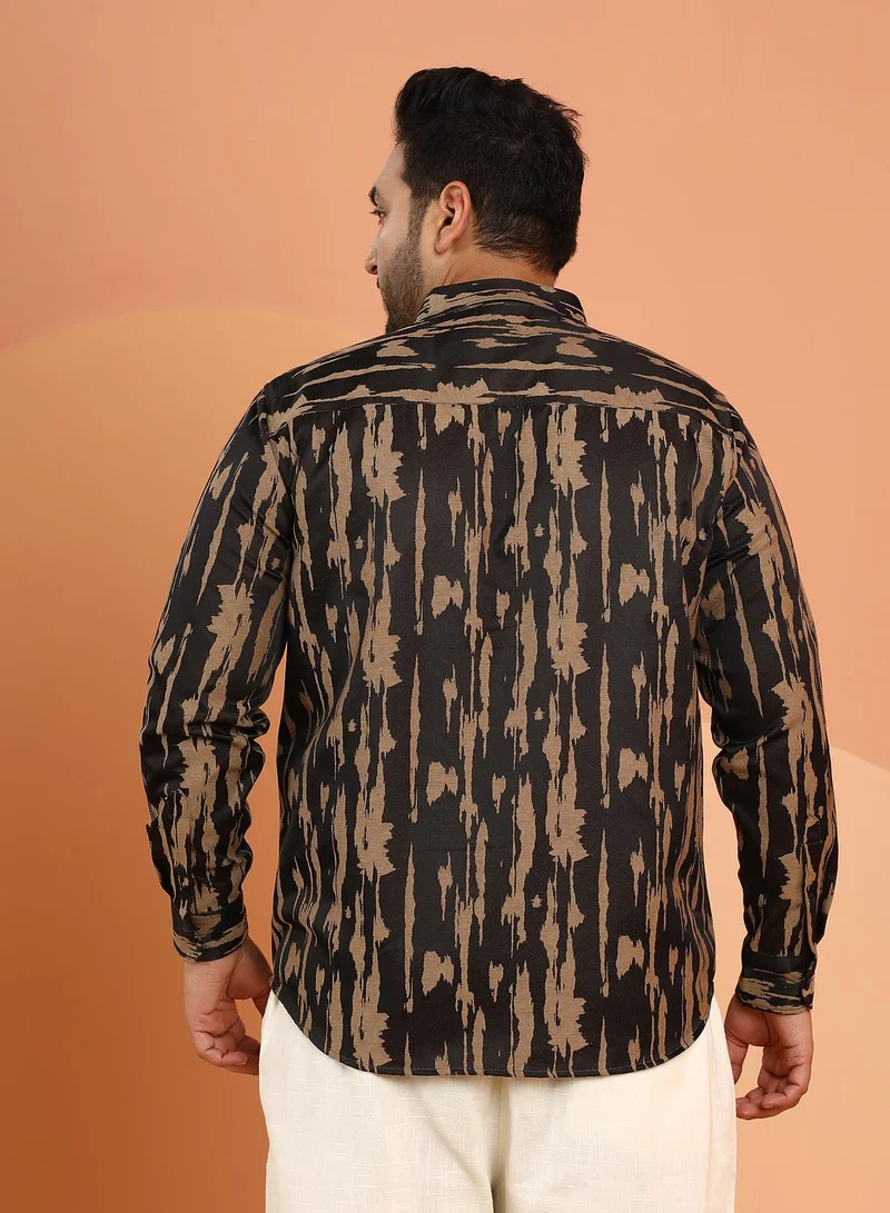 Instafab Plus Instafab Plus Men's Onyx Black & Camel Brown Abstract-Fluid Shirt For Casual Wear | Spread Collar | Long Cuffed Sleeves | Button Closure | Plus Size Shirt Crafted With Comfort Fit For Everyday Wear