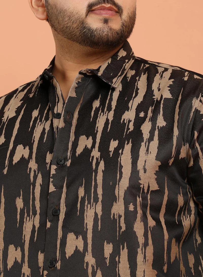 Instafab Plus Instafab Plus Men's Onyx Black & Camel Brown Abstract-Fluid Shirt For Casual Wear | Spread Collar | Long Cuffed Sleeves | Button Closure | Plus Size Shirt Crafted With Comfort Fit For Everyday Wear