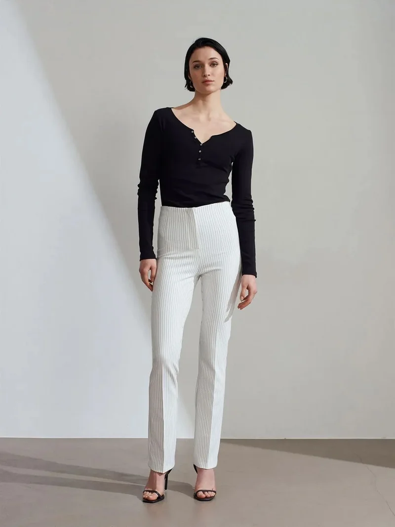 Dilvin DILVIN High-Waist Striped Pleated Flare Pants