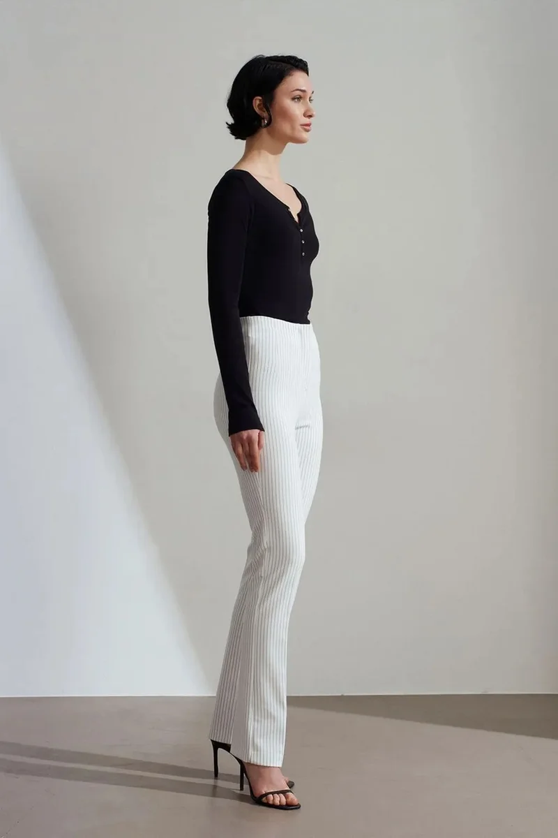 Dilvin White DILVIN High-Waist Striped Pleated Flare Pants for Women | Best Price UAE