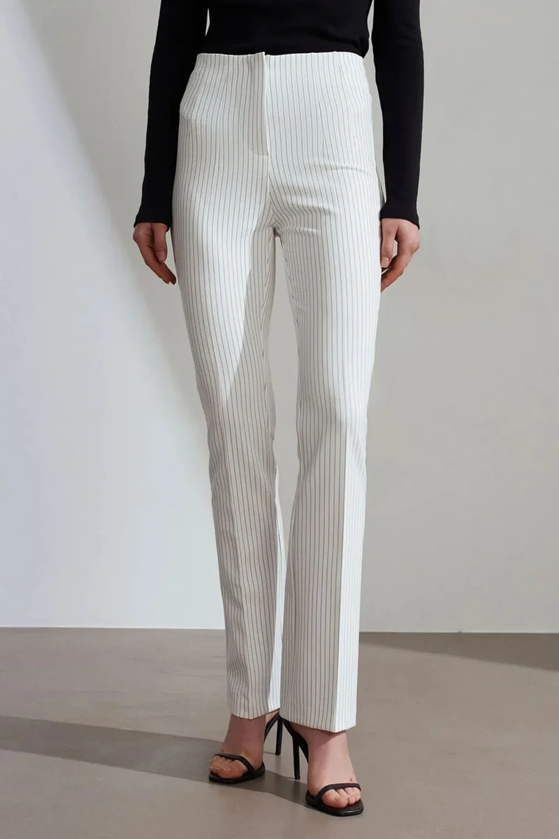 Dilvin White DILVIN High-Waist Striped Pleated Flare Pants for Women | Best Price UAE