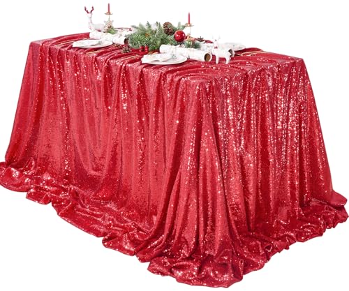 QueenDream Red Sequin Tablecloth 90x132 Inch Red Glitter Table Cloth for Birthday Bridal Shower Party Christmas