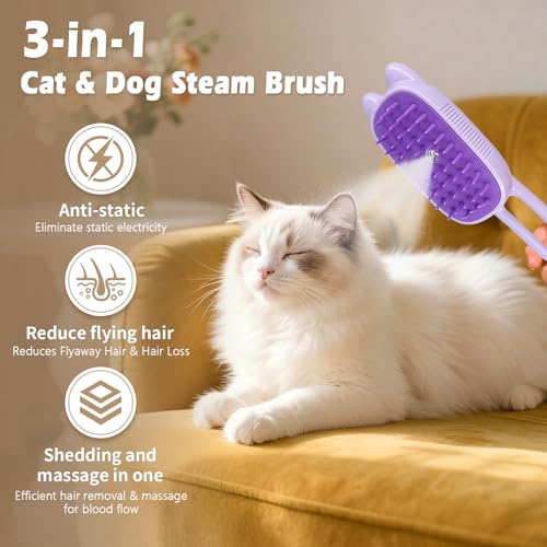 FRESHSOLO Pet Steam Brush for Dogs and Cats, Spritz Defur Comb 3 in 1 Pet Rechargeable Steam Brush Tool for Long and Short Haired Cats and Dogs, Anti-Static, Shedding, Detangling, Massage & Combing (Purple) - Image 2