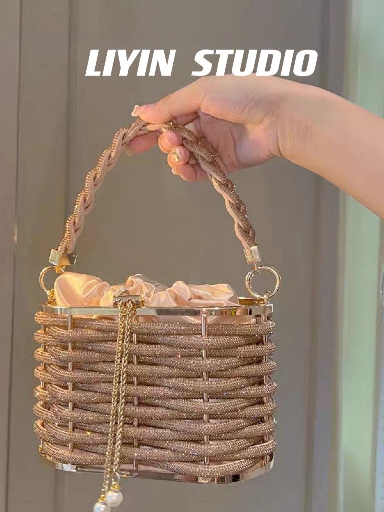 High-Grade Sense Explosive Heavy Hand-Woven Shiny Rhinestone Strip Vegetable Basket Birdcage Bag Banquet Shoulder Crossbody Handbag - Image 5