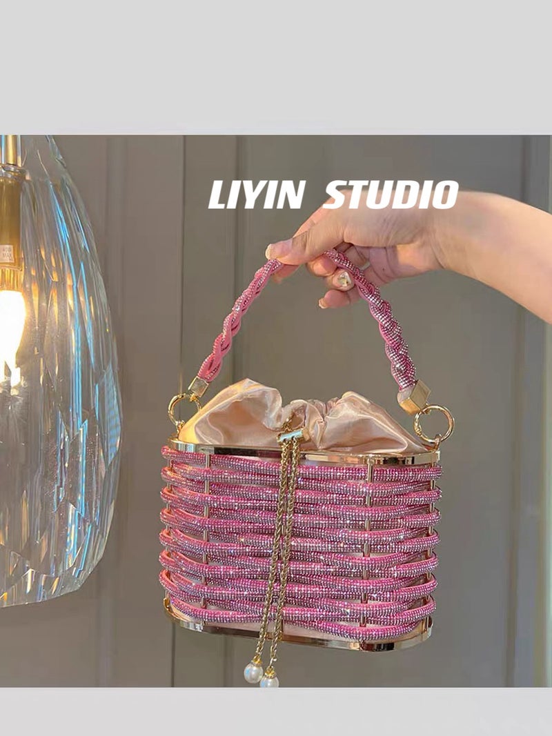High-Grade Sense Explosive Heavy Hand-Woven Shiny Rhinestone Strip Vegetable Basket Birdcage Bag Banquet Shoulder Crossbody Handbag - Image 4