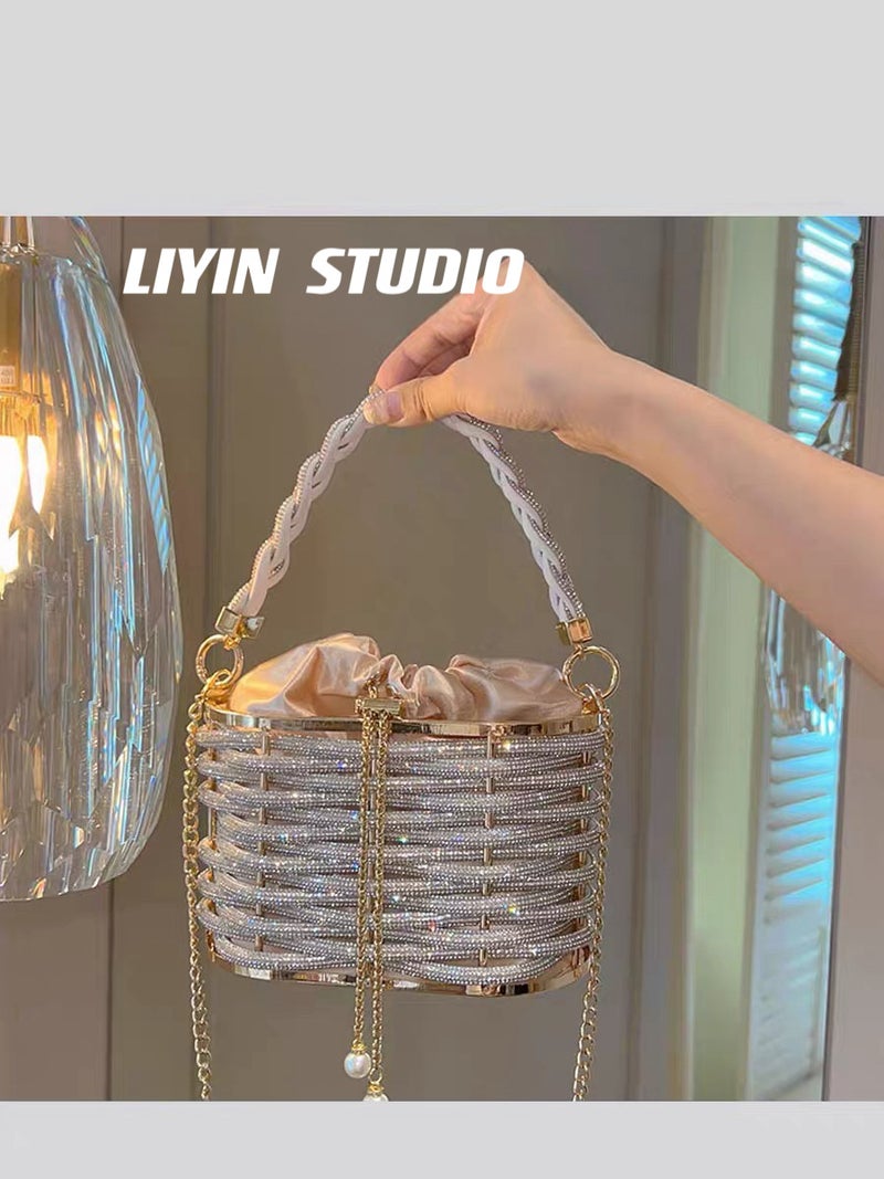 High-Grade Sense Explosive Heavy Hand-Woven Shiny Rhinestone Strip Vegetable Basket Birdcage Bag Banquet Shoulder Crossbody Handbag - Image 2