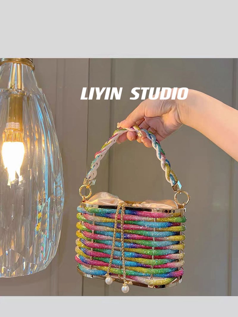 High-Grade Sense Explosive Heavy Hand-Woven Shiny Rhinestone Strip Vegetable Basket Birdcage Bag Banquet Shoulder Crossbody Handbag - Image 3