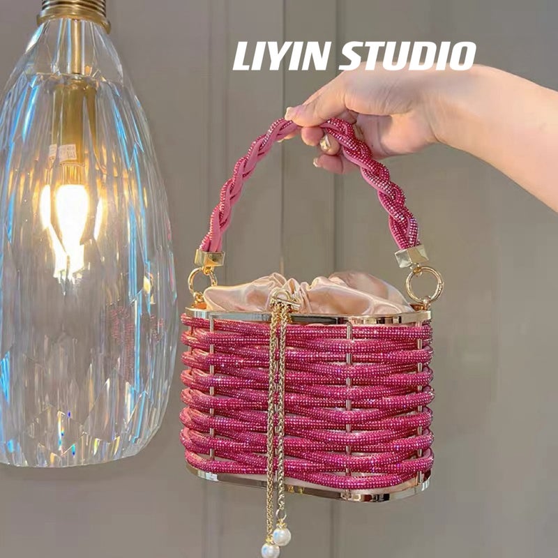 High-Grade Sense Explosive Heavy Hand-Woven Shiny Rhinestone Strip Vegetable Basket Birdcage Bag Banquet Shoulder Crossbody Handbag - Image 1