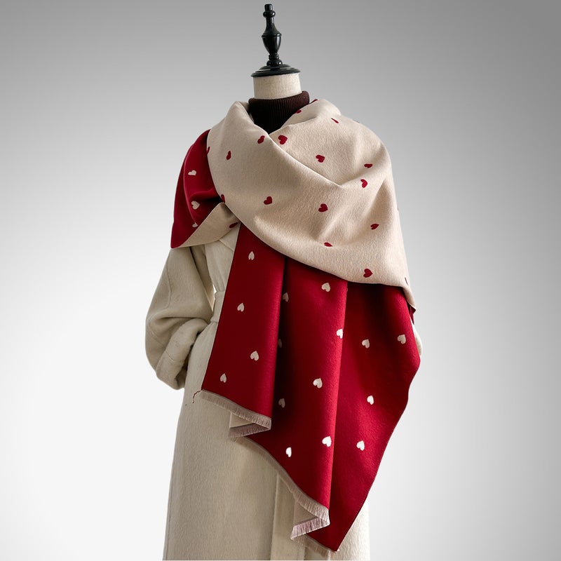 Autumn and Winter Heart Texture Fashionable Double-Sided Women''s Imitation Cashmere Sweet Style Warm Scarf Air-Conditioned Neck Scarf Shawl - Image 2