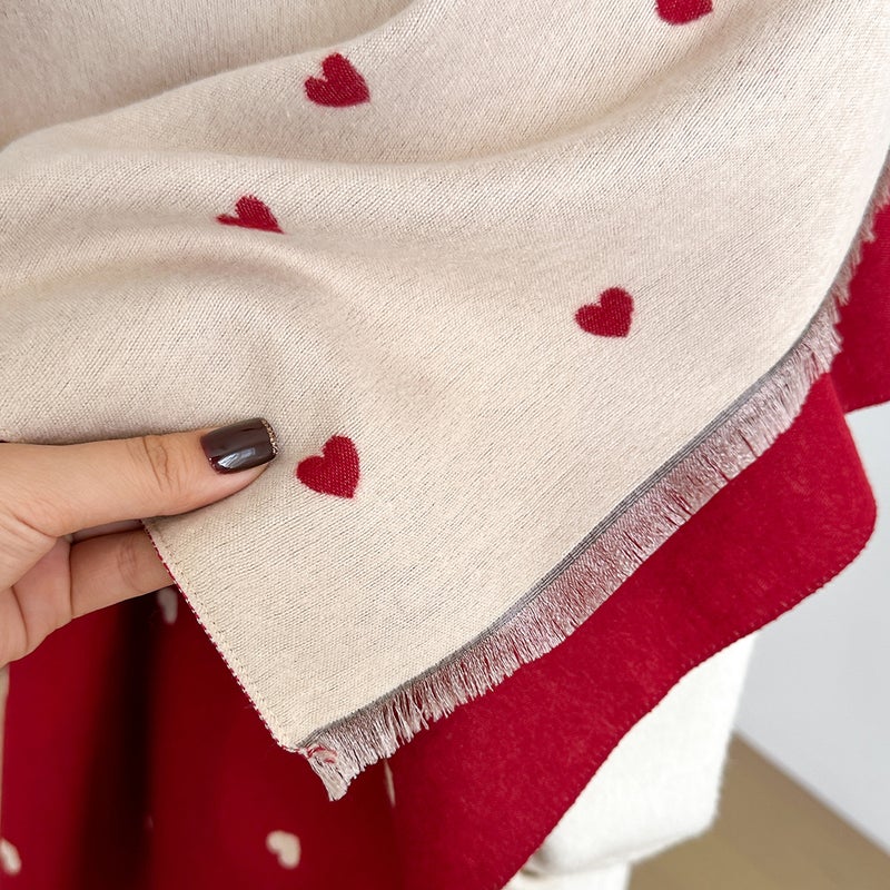 Autumn and Winter Heart Texture Fashionable Double-Sided Women''s Imitation Cashmere Sweet Style Warm Scarf Air-Conditioned Neck Scarf Shawl - Image 4