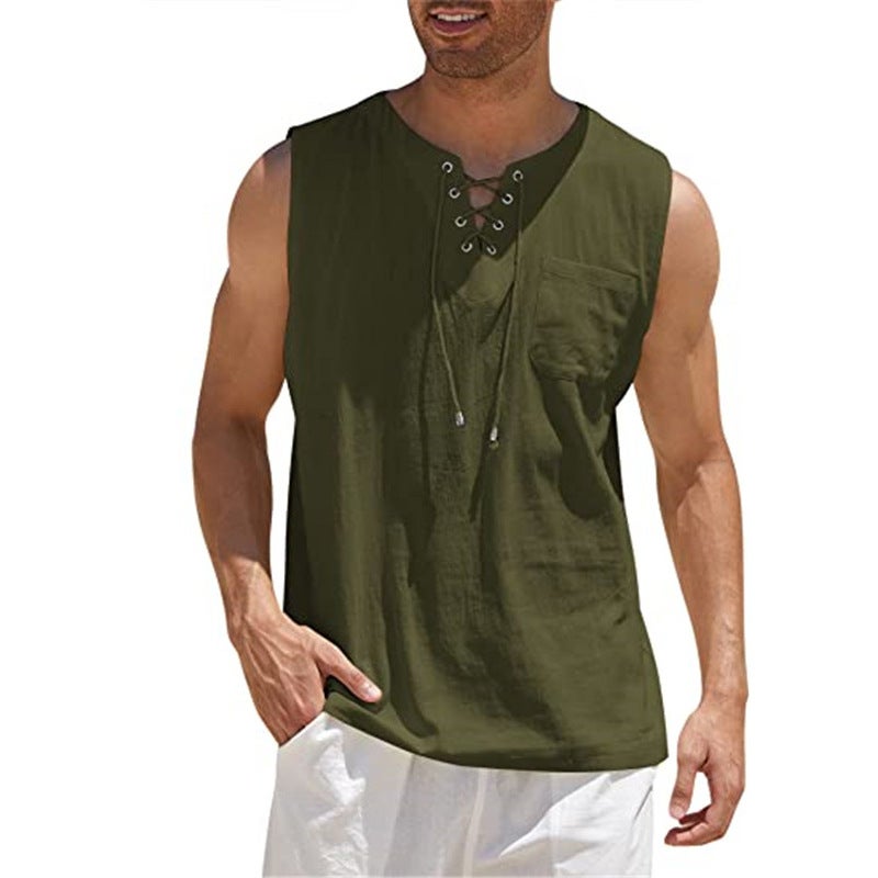 2022 Cross-border Hot New Men's Tank Top Shirt Lace Up Fashion Solid Color Cotton Linen Short Sleeve T-Shirt Khaki M - Image 5