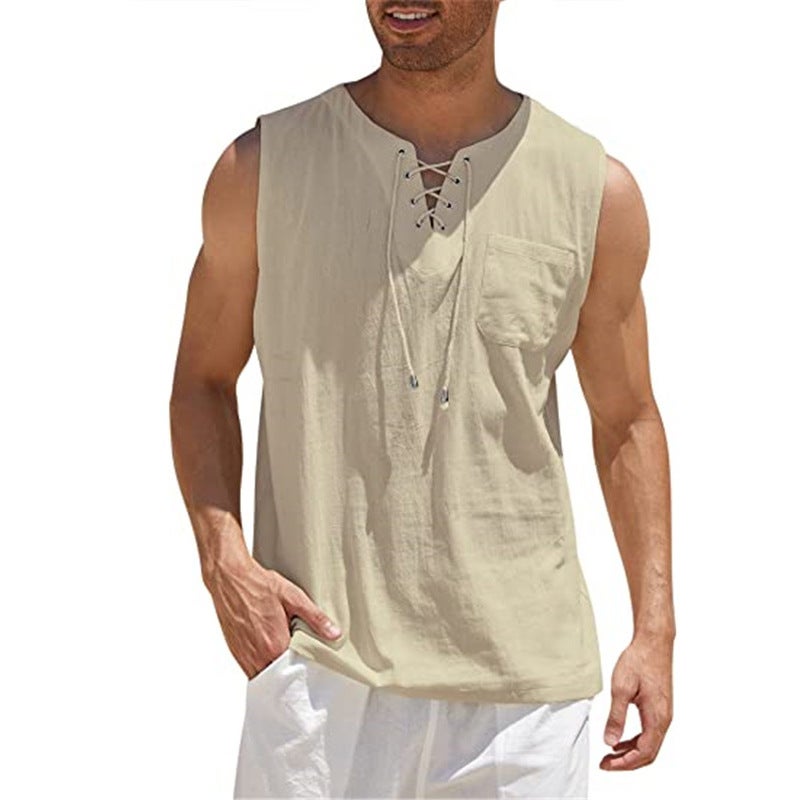 2022 Cross-border Hot New Men's Tank Top Shirt Lace Up Fashion Solid Color Cotton Linen Short Sleeve T-Shirt Khaki M - Image 1
