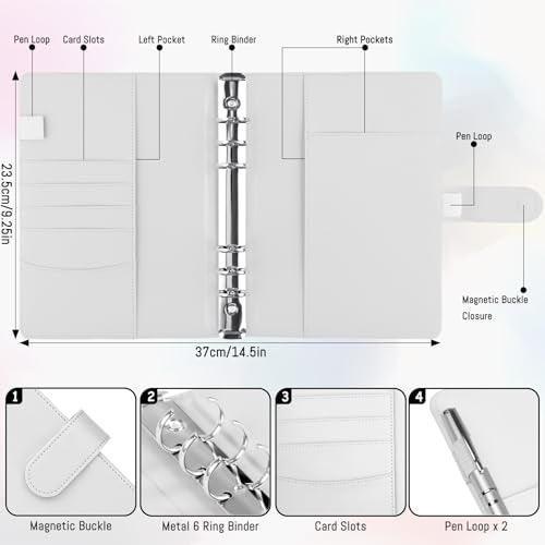 Antner A5 Binder 6 Ring Refillable Notebook Binder Planner Cover for A5 Refill Paper, PU Leather Loose Leaf Personal Organizer Budget Planner for Savings & Budgeting with Magnetic Buckle, White - Image 2