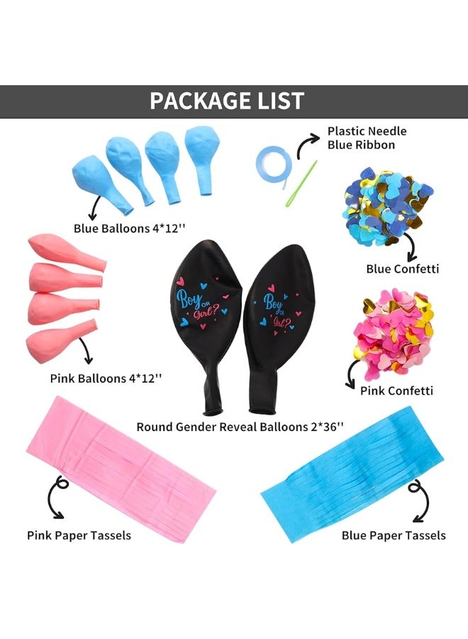RUBFAC Jumbo Gender Reveal Balloon Kit, 2pcs 36" Black Balloons with Blue Pink Balloons, Tassels and Heart Shaped Paper Confetti for Baby Gender Reveal Party - Image 5