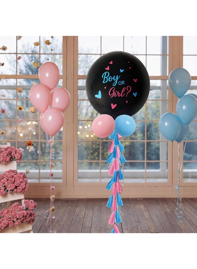 RUBFAC Jumbo Gender Reveal Balloon Kit, 2pcs 36" Black Balloons with Blue Pink Balloons, Tassels and Heart Shaped Paper Confetti for Baby Gender Reveal Party - Image 1