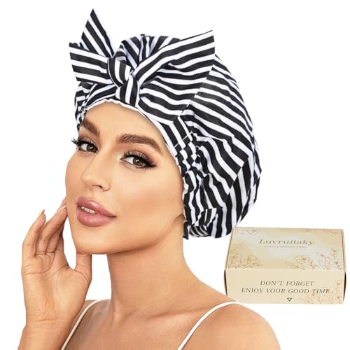 Luvruitaky Shower Cap Luxury Shower Caps for Women Reusable Waterproof Hair Cap for Shower with Adjustable Bowknot Hair Bath Cap (Black Stripe) - Image 1