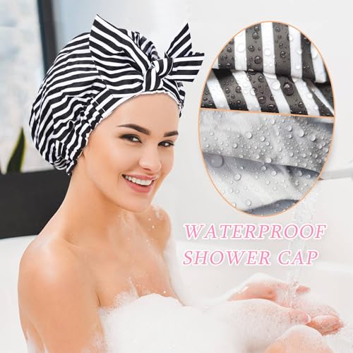 Luvruitaky Shower Cap Luxury Shower Caps for Women Reusable Waterproof Hair Cap for Shower with Adjustable Bowknot Hair Bath Cap (Black Stripe) - Image 3