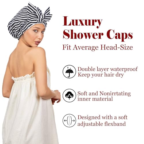 Luvruitaky Shower Cap Luxury Shower Caps for Women Reusable Waterproof Hair Cap for Shower with Adjustable Bowknot Hair Bath Cap (Black Stripe) - Image 2
