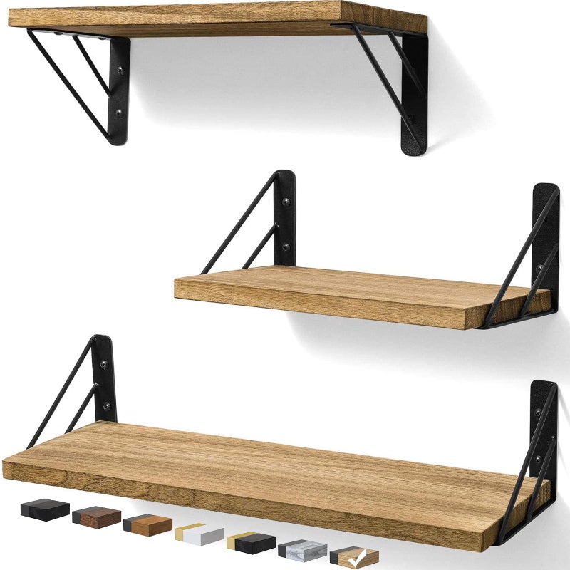 BAYKA Wall Shelves for Bedroom Decor, Floating Wall Shelves for Living Room Kitchen Storage, Wall Mounted Rustic Wood Floating Shelves for Kids Books, Corner Shelves for Bathroom(Brownï¼ŒSet of 3) - Image 1