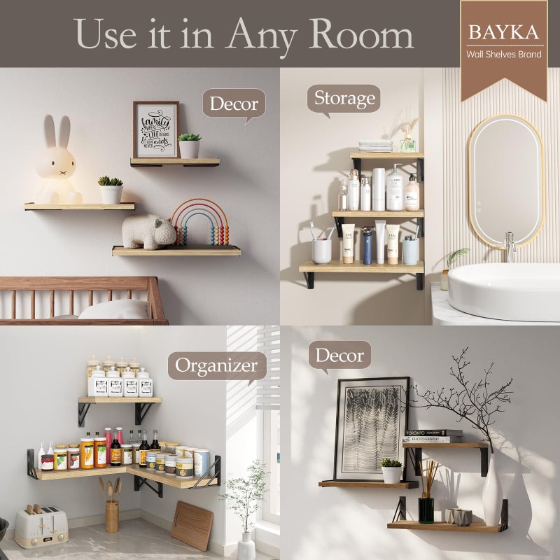 BAYKA Wall Shelves for Bedroom Decor, Floating Wall Shelves for Living Room Kitchen Storage, Wall Mounted Rustic Wood Floating Shelves for Kids Books, Corner Shelves for Bathroom(Brownï¼ŒSet of 3) - Image 4
