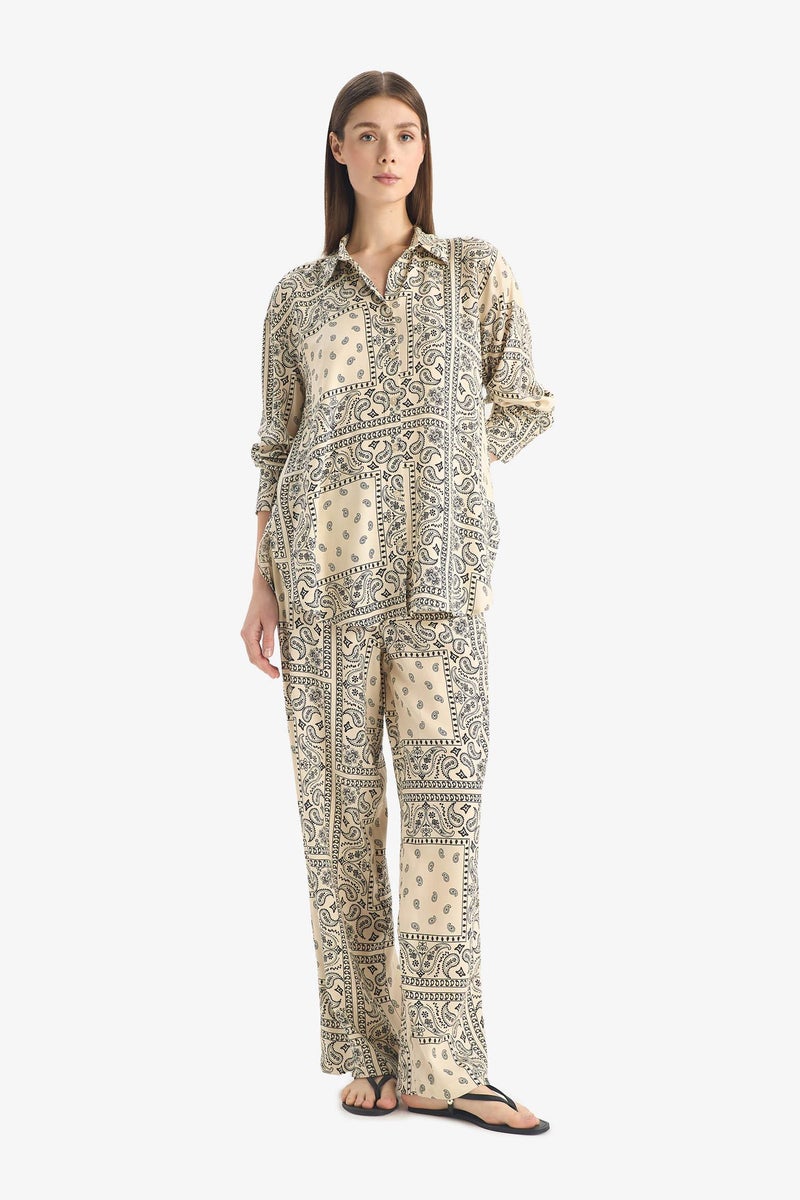 DeFacto Beige Woman Regular Fit Paisley Viscose Beach Trousers Casual - Image 4