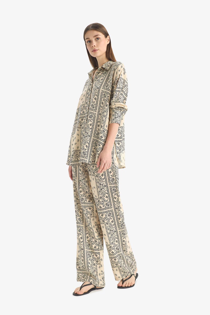 DeFacto Beige Woman Regular Fit Paisley Viscose Beach Trousers Casual - Image 3