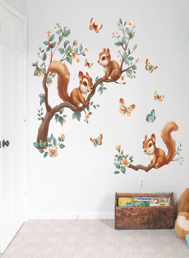 DecorVilla Decor Villa Woodland Squirrels Wall Decal, Tree Branch with Butterflies, Nursery Room Decorative Sticker PVC Vinyl Baby&Kids Room Decor Size -(60x50) - Image 1