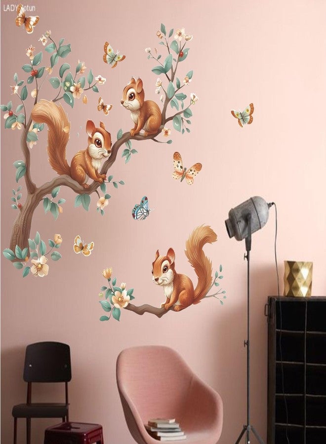 DecorVilla Decor Villa Woodland Squirrels Wall Decal, Tree Branch with Butterflies, Nursery Room Decorative Sticker PVC Vinyl Baby&Kids Room Decor Size -(60x50) - Image 2