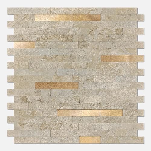 KASARO 10-Sheet Peel and Stick Backsplash Tiles for Kitchen, Marble Stone Beige with Vintage Golden Embellished Stripes, Self-Adhesive Wall Tile Stick on Bathroom, Fireplace, RV - Image 1