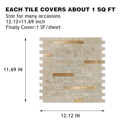 KASARO 10-Sheet Peel and Stick Backsplash Tiles for Kitchen, Marble Stone Beige with Vintage Golden Embellished Stripes, Self-Adhesive Wall Tile Stick on Bathroom, Fireplace, RV - Image 4