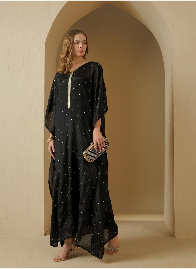Styli Embellished V-Neck Lace Detail Kaftan  - Image 1
