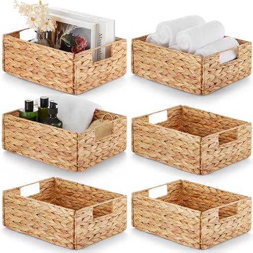 BLUEWEST Water Hyacinth Storage Baskets (Set of 6) – Woven Hyacinth Organizer with Carrying Handles, Laundry Basket for Organizing, Rattan Bin for Shelves - Image 1