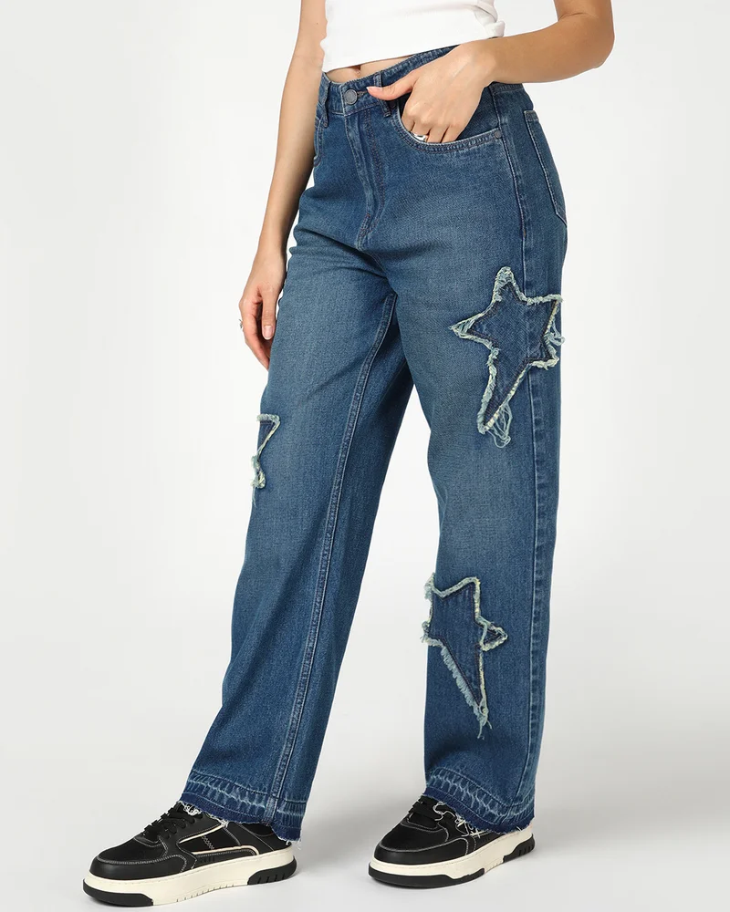 بيواكوف Women's Blue Applique Washed Baggy Fit Jeans